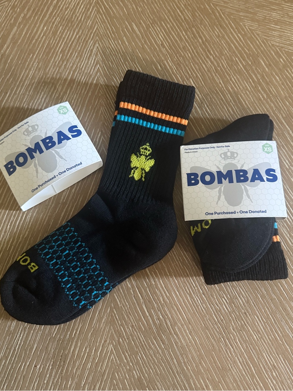 Bombas Youth XS Black Athletic Crew Socks with Blue & Orange Accents 2 Pack NWT